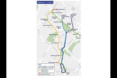 Map of the three route options in the the Sutton Link tram or BRT proposal.